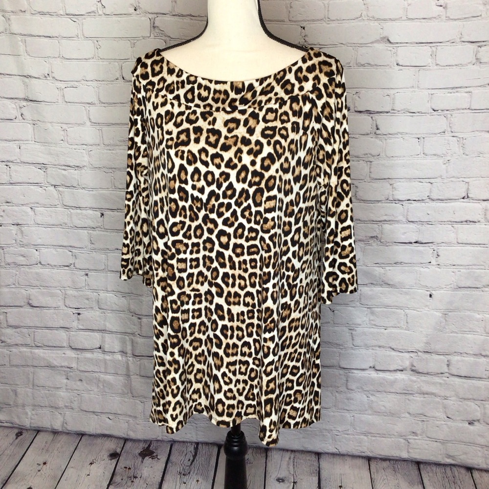 Chico’s Leopard Print Jersey Knit Pullover Tunic Top Medium